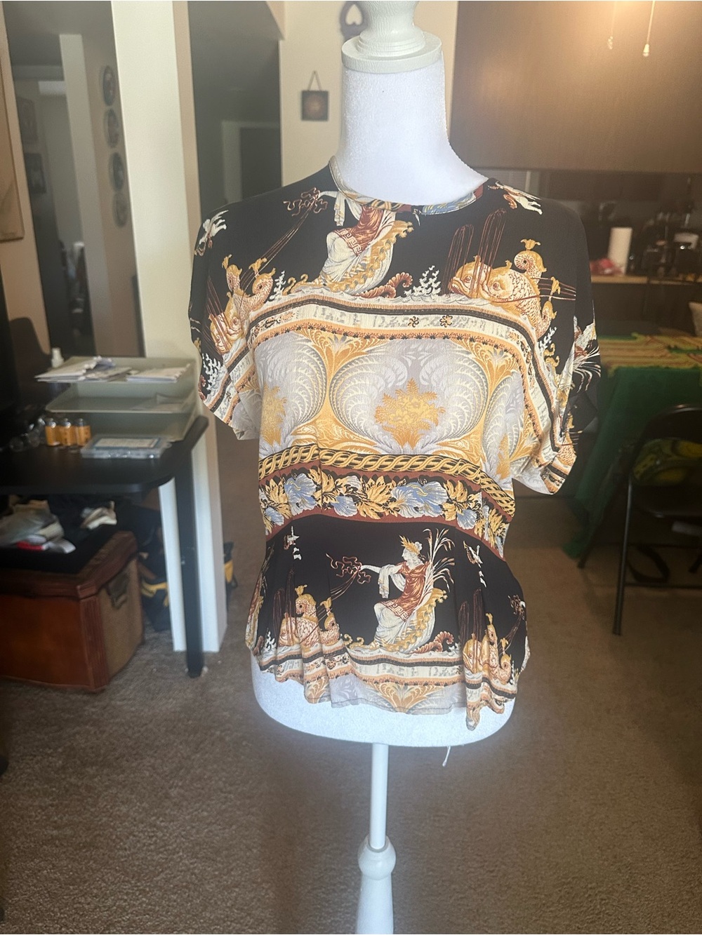 Vintage Black Top with Gold and Cream Baroque Motif
